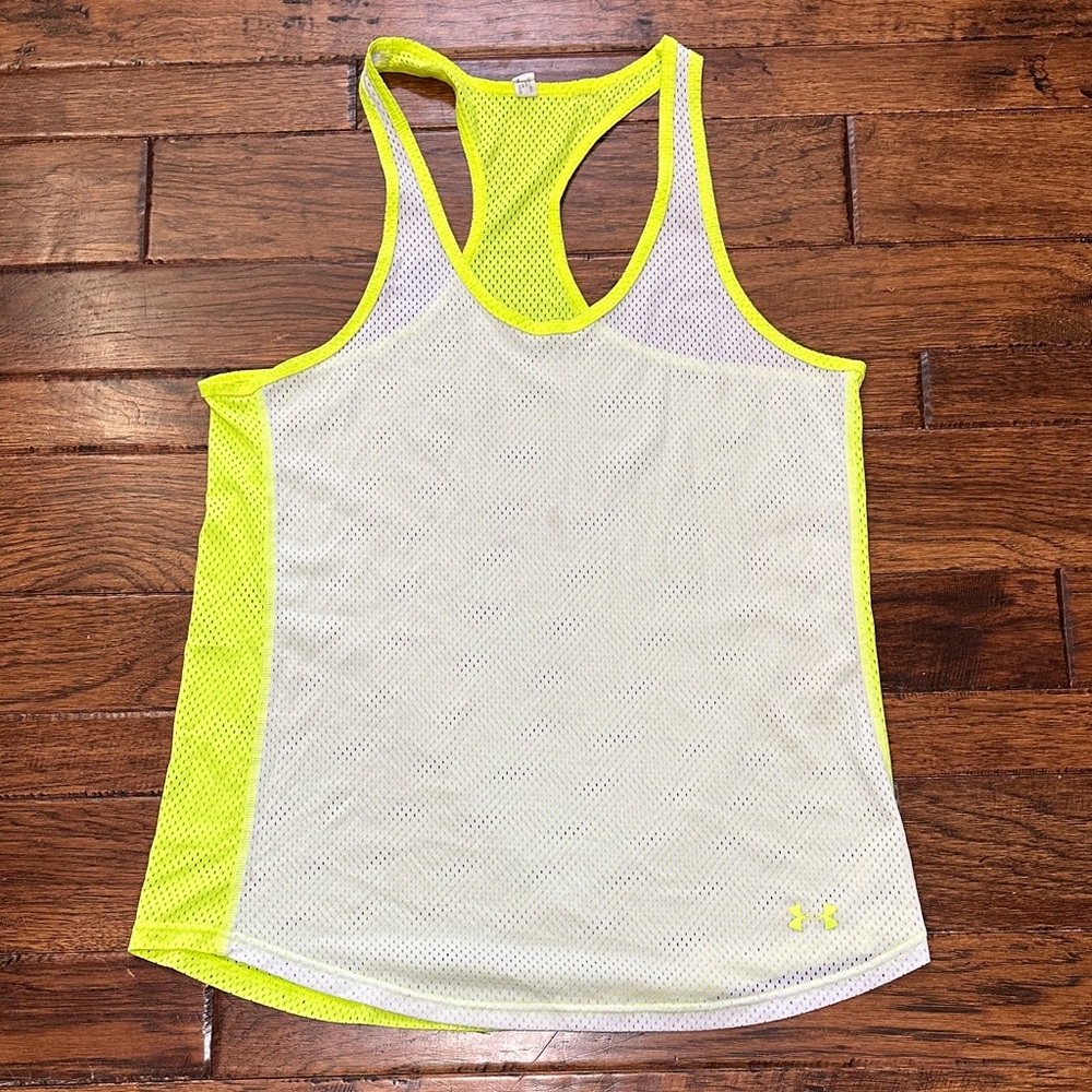 Under Armour White Mesh Racerback Tank with Neon Yellow Trim